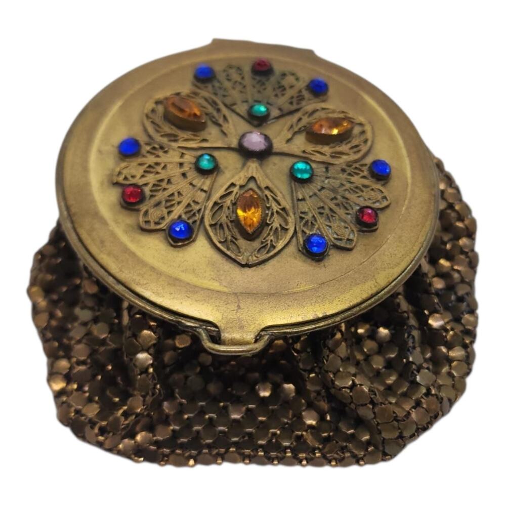 Antique Art Deco Chain Mail Mesh Compact Purse Filigree Jeweled 1930s Vintage